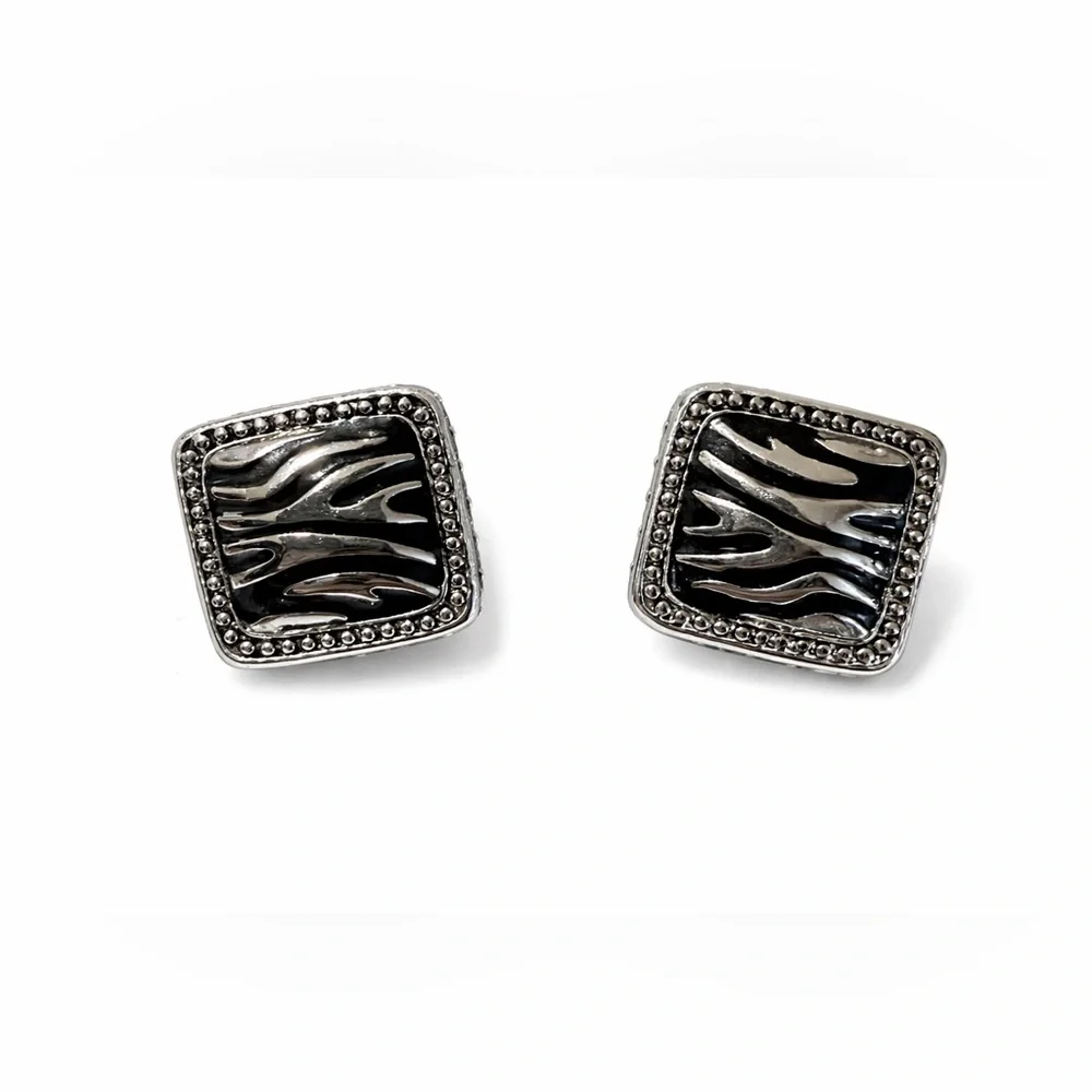 Silver Tone Antiqued Square Zebra Safari CZ Earrings